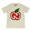 Ivory screen-printed cotton jersey crewneck pullover T-shirt featuring GG apple motif at centre front