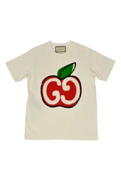 Ivory screen-printed cotton jersey crewneck pullover T-shirt featuring GG apple motif at centre front