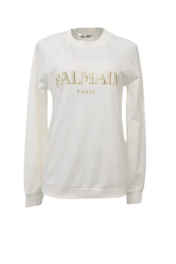 Ivory screen-printed cotton French terry foiled logo crewneck pullover hoodie
