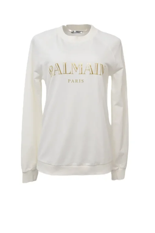 Ivory screen-printed cotton French terry foiled logo crewneck pullover hoodie