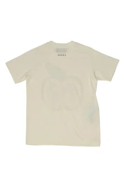 Ivory screen-printed cotton jersey crewneck pullover T-shirt featuring GG apple motif at centre front