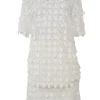 Ivory semi-sheer polyester guipure lace peek-a-boo oversized T-shirt and knee-length skirt set