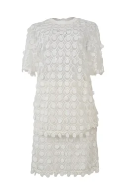 Ivory semi-sheer polyester guipure lace peek-a-boo oversized T-shirt and knee-length skirt set