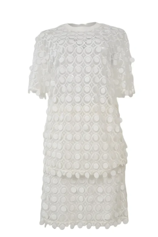 Ivory semi-sheer polyester guipure lace peek-a-boo oversized T-shirt and knee-length skirt set