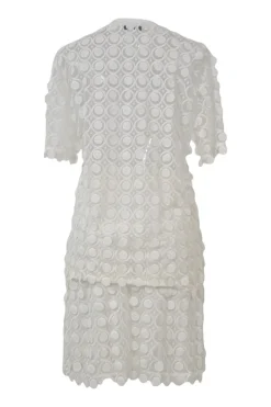 Ivory semi-sheer polyester guipure lace peek-a-boo oversized T-shirt and knee-length skirt set