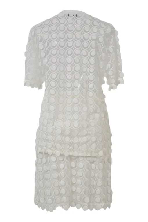 Ivory semi-sheer polyester guipure lace peek-a-boo oversized T-shirt and knee-length skirt set