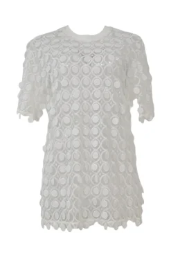 Ivory semi-sheer polyester guipure lace peek-a-boo oversized T-shirt and knee-length skirt set