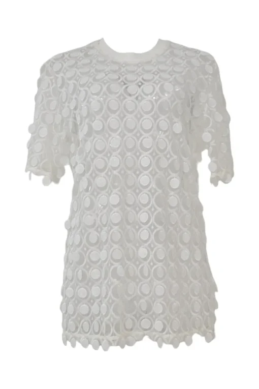 Ivory semi-sheer polyester guipure lace peek-a-boo oversized T-shirt and knee-length skirt set