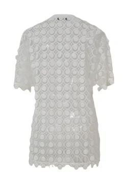 Ivory semi-sheer polyester guipure lace peek-a-boo oversized T-shirt and knee-length skirt set