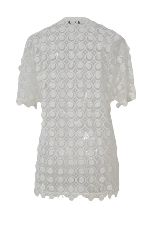 Ivory semi-sheer polyester guipure lace peek-a-boo oversized T-shirt and knee-length skirt set