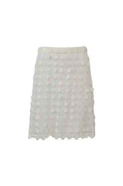 Ivory semi-sheer polyester guipure lace peek-a-boo oversized T-shirt and knee-length skirt set