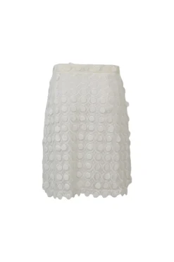 Ivory semi-sheer polyester guipure lace peek-a-boo oversized T-shirt and knee-length skirt set