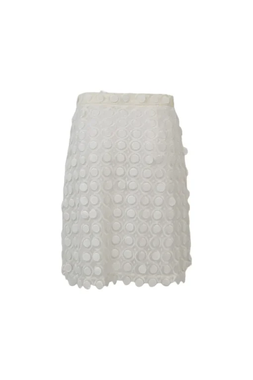Ivory semi-sheer polyester guipure lace peek-a-boo oversized T-shirt and knee-length skirt set