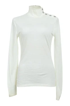 Ivory semi-sheer wool interlock jersey funnel collar pullover long sleeve top with coat of arms shoulder line shank button appliqué