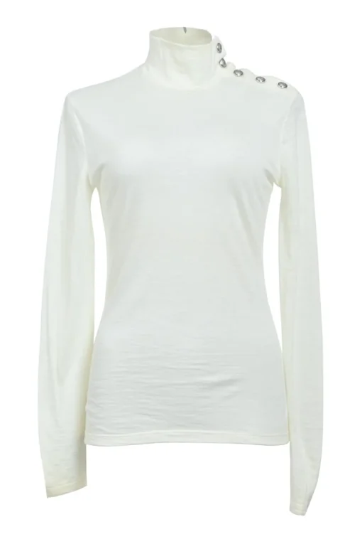 Ivory semi-sheer wool interlock jersey funnel collar pullover long sleeve top with coat of arms shoulder line shank button appliqué
