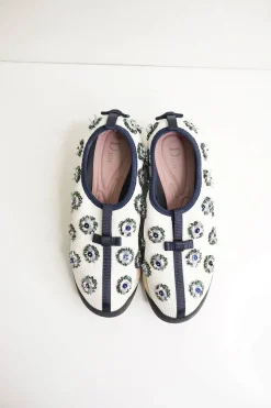 Ivory sequined floral fusion mesh slip-on sneakers