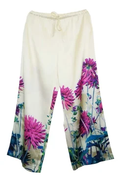 Ivory silk satin floral print pull-on loungewear-inspired trousers with drawstring waistband