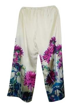 Ivory silk satin floral print pull-on loungewear-inspired trousers with drawstring waistband