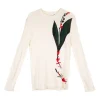 Ivory silk-cotton blend intarsia crewneck pullover top with floral motif