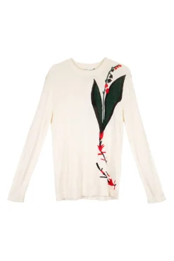 Ivory silk-cotton blend intarsia crewneck pullover top with floral motif