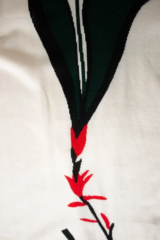 Ivory silk-cotton blend intarsia crewneck pullover top with floral motif