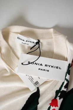 Ivory silk-cotton blend intarsia crewneck pullover top with floral motif