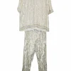 Ivory viscose beaded two-piece Temple short sleeve blouse and trouser set