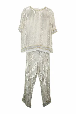 Ivory viscose beaded two-piece Temple short sleeve blouse and trouser set
