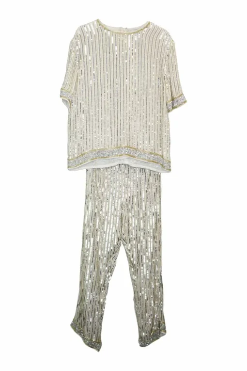 Ivory viscose beaded two-piece Temple short sleeve blouse and trouser set