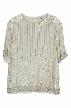 Ivory viscose beaded two-piece Temple short sleeve blouse and trouser set