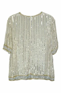 Ivory viscose beaded two-piece Temple short sleeve blouse and trouser set