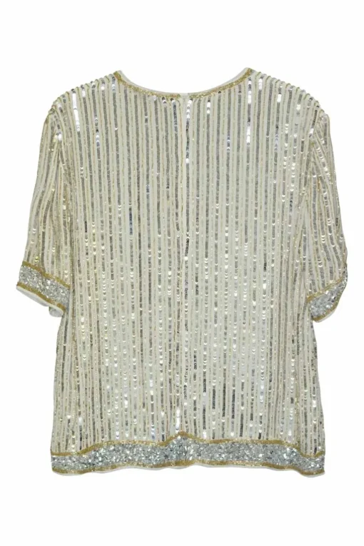 Ivory viscose beaded two-piece Temple short sleeve blouse and trouser set