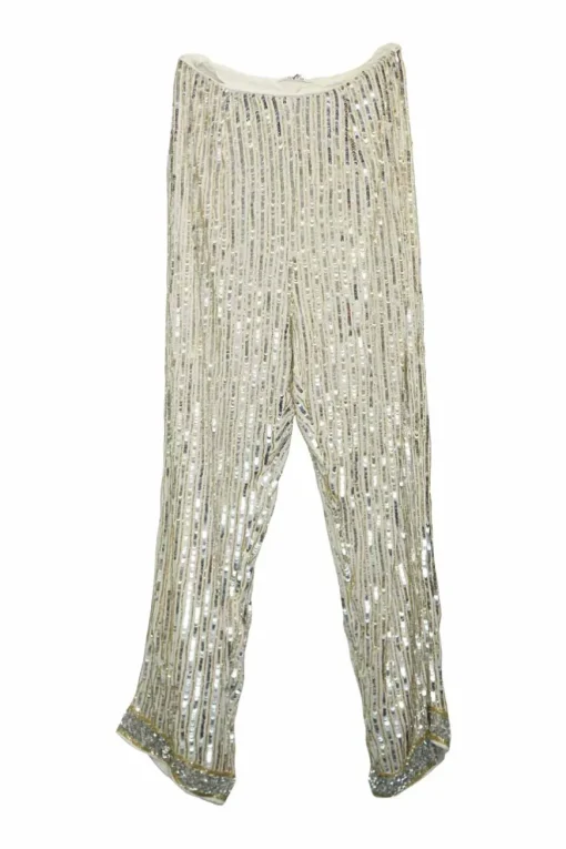 Ivory viscose beaded two-piece Temple short sleeve blouse and trouser set