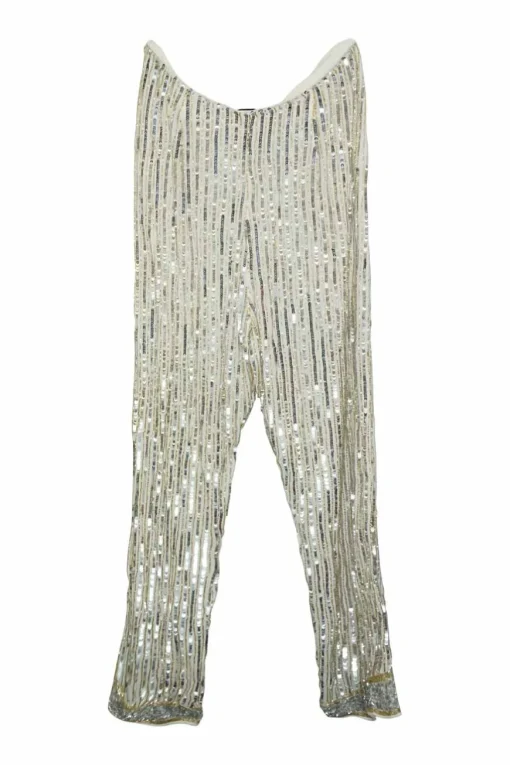 Ivory viscose beaded two-piece Temple short sleeve blouse and trouser set