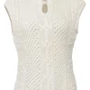 Ivory viscose-blend Aran-style stand collar keyhole-front sleeveless knit gilet