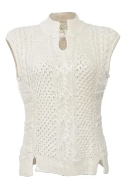 Ivory viscose-blend Aran-style stand collar keyhole-front sleeveless knit gilet