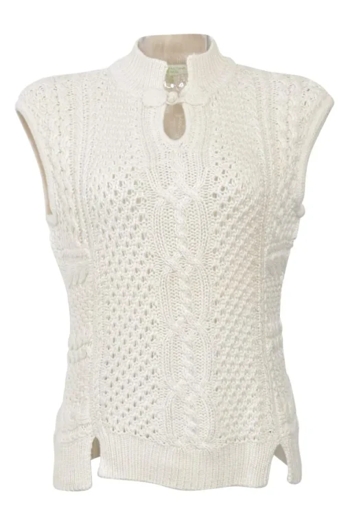 Ivory viscose-blend Aran-style stand collar keyhole-front sleeveless knit gilet