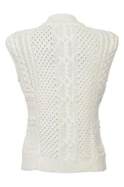 Ivory viscose-blend Aran-style stand collar keyhole-front sleeveless knit gilet