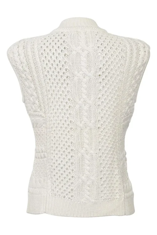 Ivory viscose-blend Aran-style stand collar keyhole-front sleeveless knit gilet