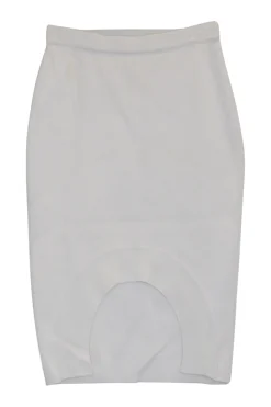 Ivory viscose-blend fully-fashioned pull-on pointelle mini pencil knit skirt with curved asymmetric hem