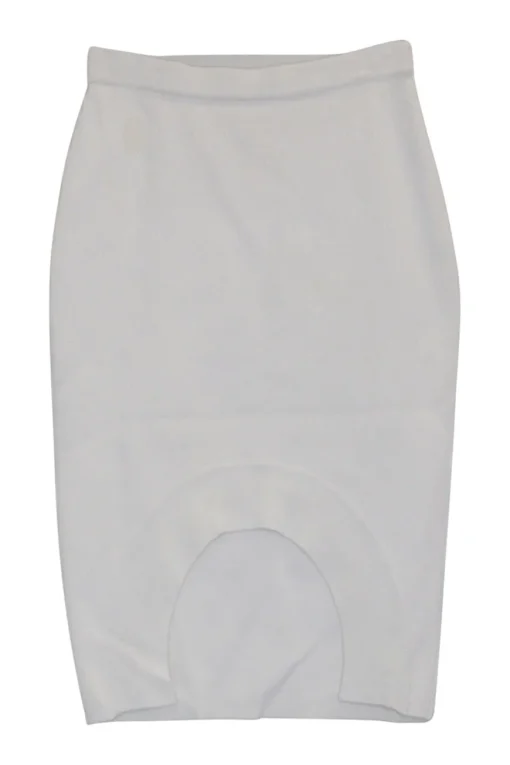 Ivory viscose-blend fully-fashioned pull-on pointelle mini pencil knit skirt with curved asymmetric hem