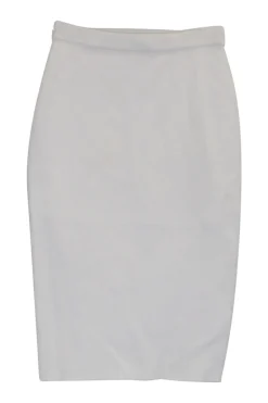 Ivory viscose-blend fully-fashioned pull-on pointelle mini pencil knit skirt with curved asymmetric hem