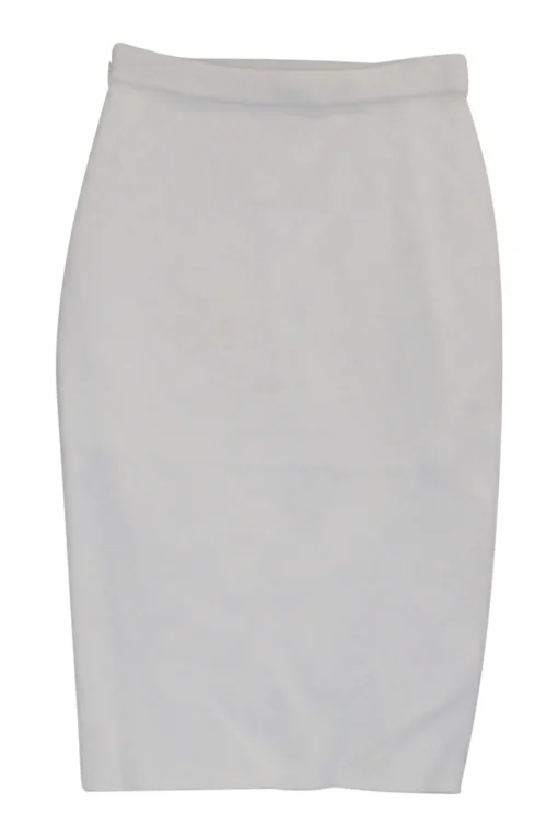 Ivory viscose-blend fully-fashioned pull-on pointelle mini pencil knit skirt with curved asymmetric hem