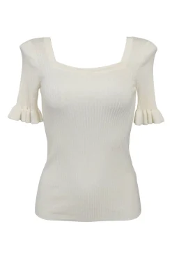Ivory viscose-blend interlock rib ruffled half-sleeve pullover knit top with square neckline