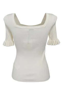Ivory viscose-blend interlock rib ruffled half-sleeve pullover knit top with square neckline
