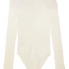 Ivory viscose-blend micro-rib knit mock neck long sleeve bodysuit with shoulder line shank button appliqué