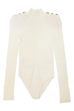 Ivory viscose-blend micro-rib knit mock neck long sleeve bodysuit with shoulder line shank button appliqué