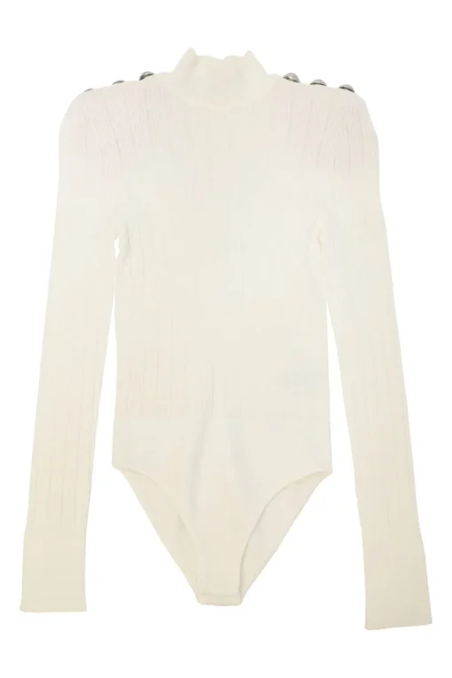 Ivory viscose-blend micro-rib knit mock neck long sleeve bodysuit with shoulder line shank button appliqué