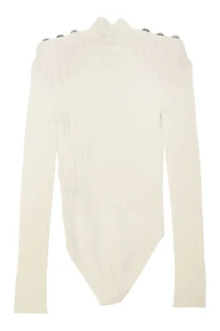 Ivory viscose-blend micro-rib knit mock neck long sleeve bodysuit with shoulder line shank button appliqué