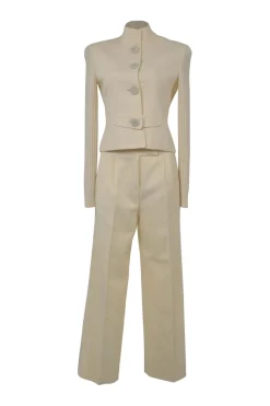 Ivory wool funnel collar button-front mixed-media jacket and pull-on wide-leg trouser leisure suit set